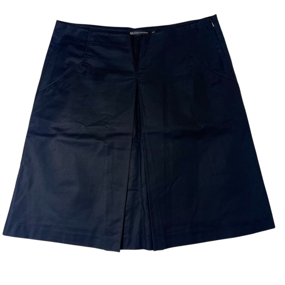 Zara Woman Black Pleated Midi Skirt Womens XL Career Office A-Line Pockets